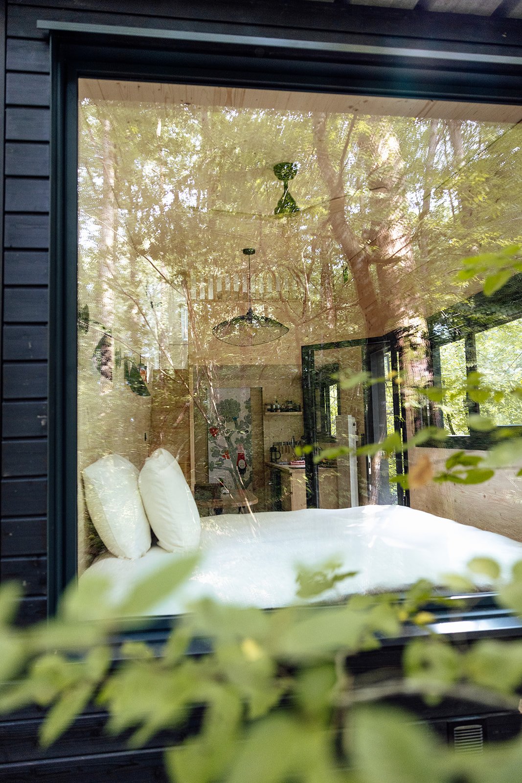 Vue à travers une fenêtre montrant un intérieur de chambre avec un lit blanc, des coussins, un chandelier, une décoration murale de plantes, et une cuisine en arrière-plan, avec des arbres visibles à l'extérieur.