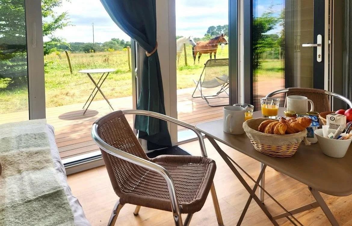 Petit-déjeuner dans une cuisine avec vue sur un champ, un cheval et un fauteuil sur un patio extérieur.