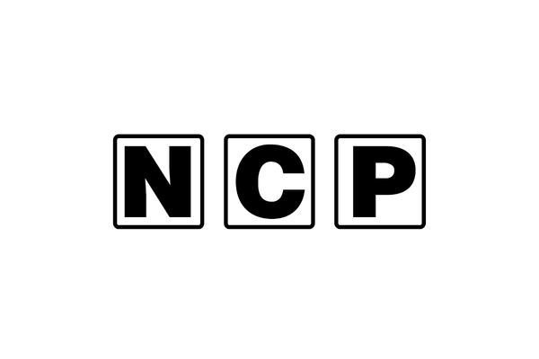 Black background with three white letter blocks spelling NCP.