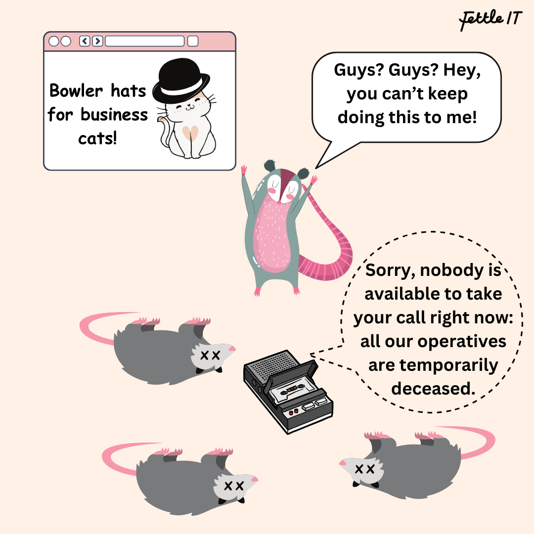 The worker possums are all playing dead while the boss says they can't keep doing this