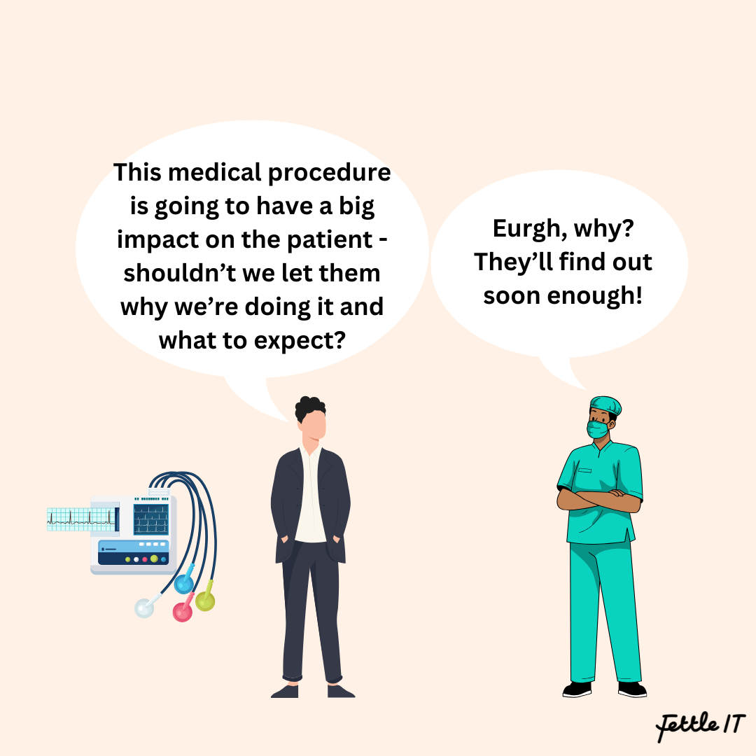 A man and a surgeon have an argument about whether they need to let a patient know about an upcoming medical procedure