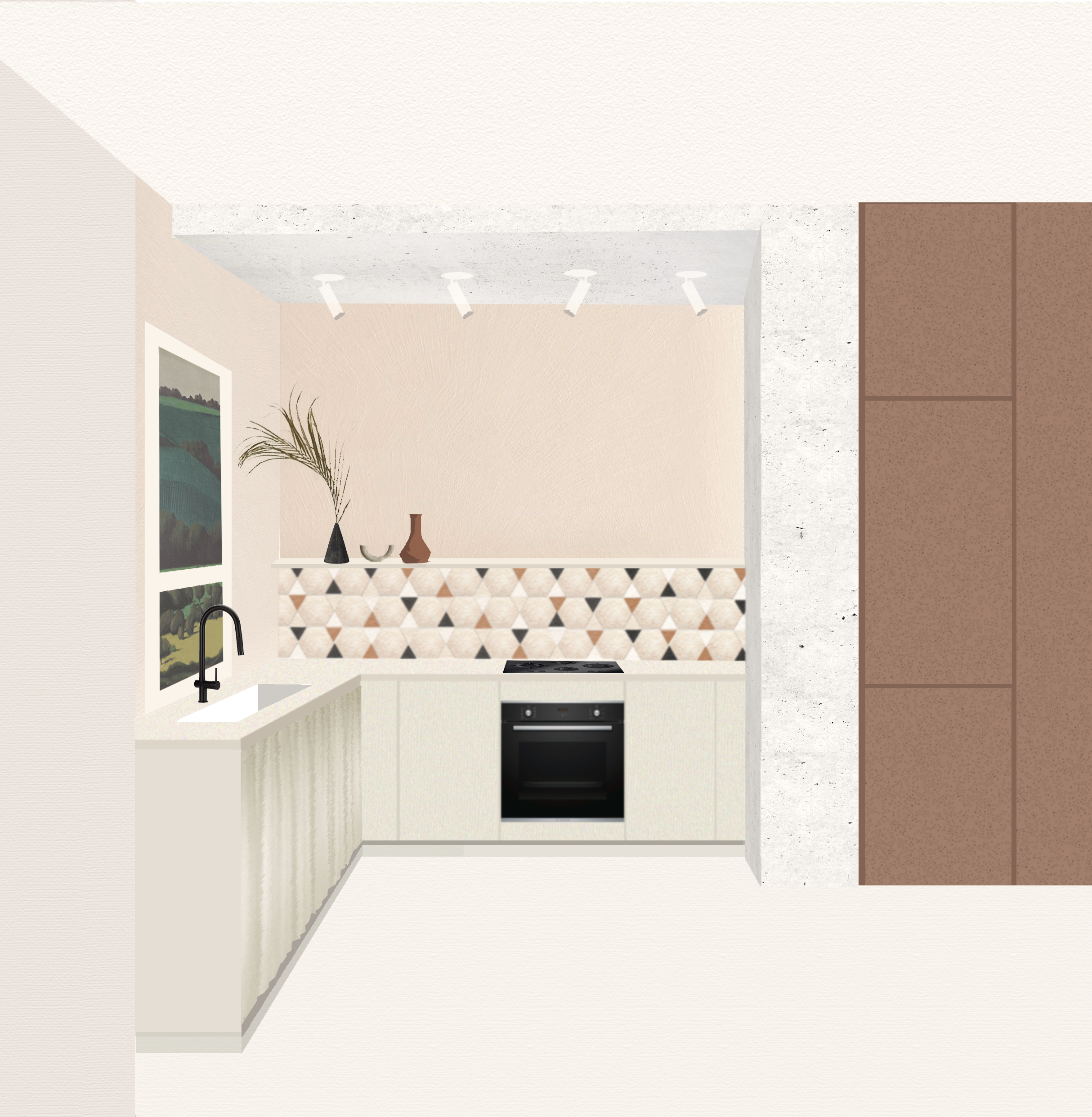 Minimalist kitchen with white cabinetry, black oven, beige patterned backsplash, black sink with black faucet, and decorative vases with plant and pottery on the counter.