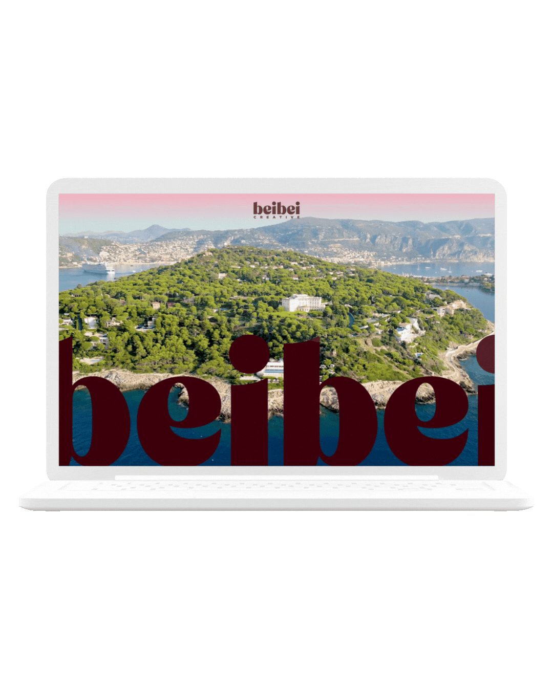 A laptop displaying a photo of a lush green hill with buildings and a body of water, with the word 'Beibei' in large letters on the screen, set against a bright green background.