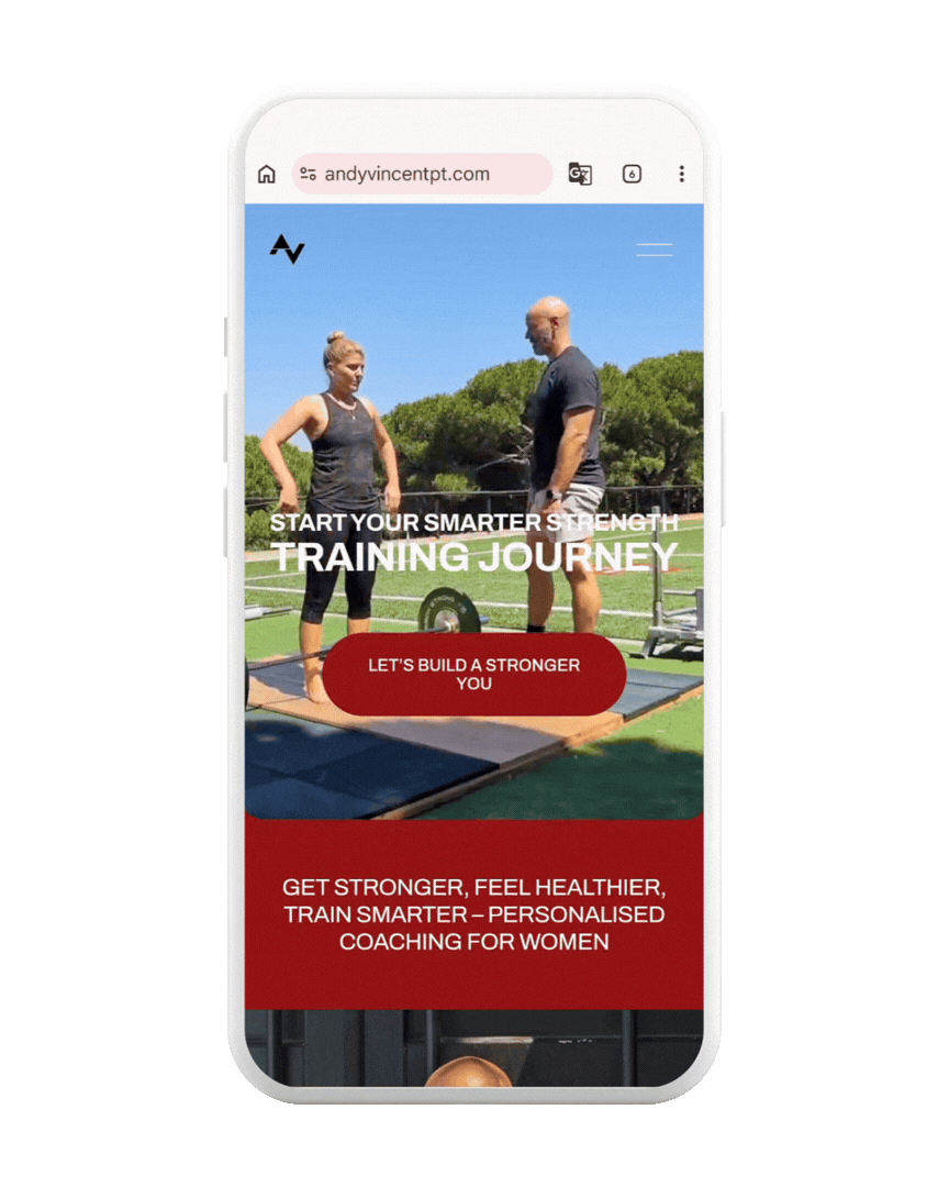 Smartphone displaying a website with a picture of a man and a woman in workout gear outdoors, and text promoting personal coaching and strength training for women.