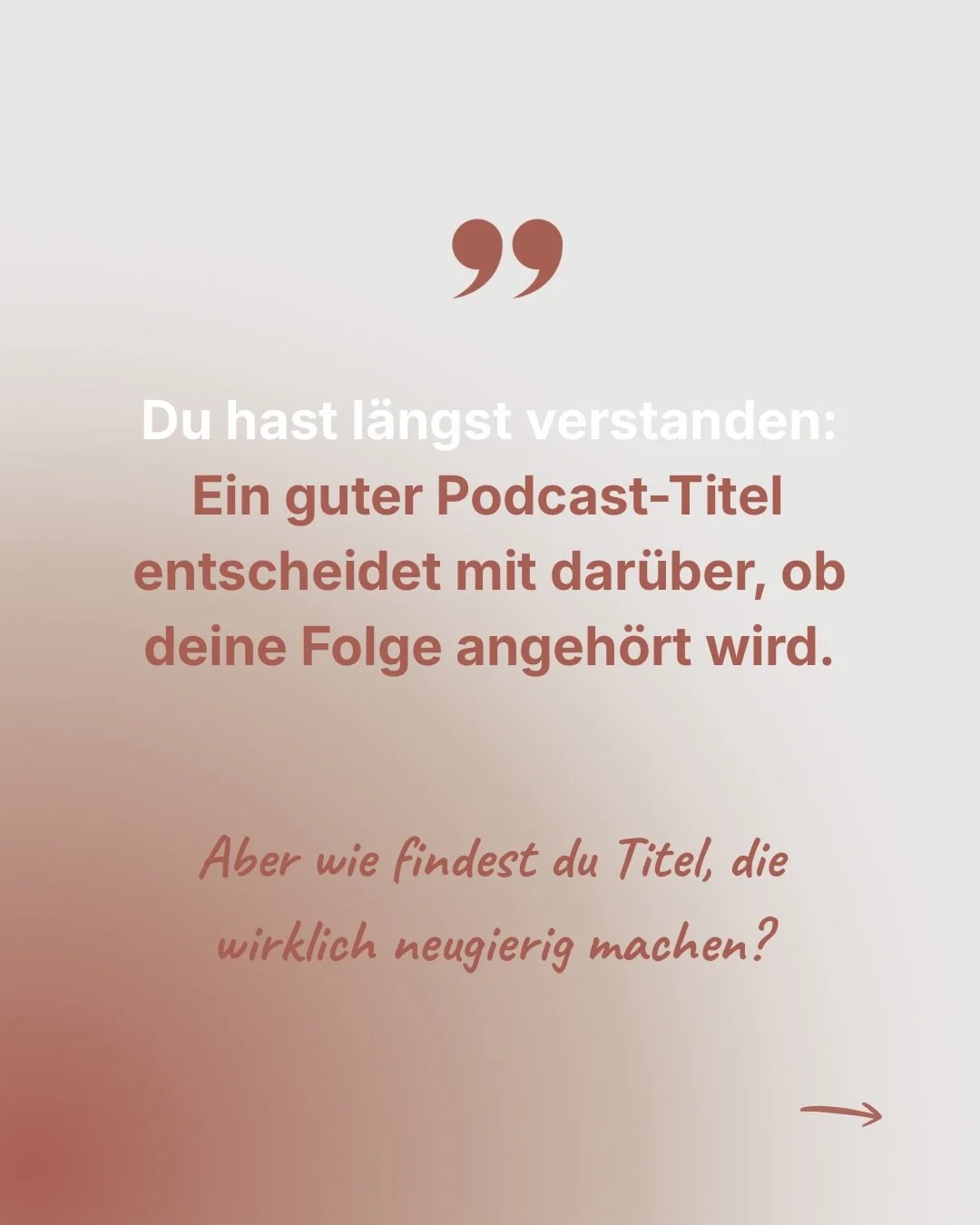 Du wei&szlig;t, wie wertvoll deine Podcast-Folgen sind. 🔥

Aber wenn dein Titel klingt wie &bdquo;Folge 42: Meine Gedanken zum Thema Selbstvertrauen&ldquo;, scrollen deine Wunschh&ouml;rerinnen einfach weiter.

Dein Wissen verdient mehr als einen Ti