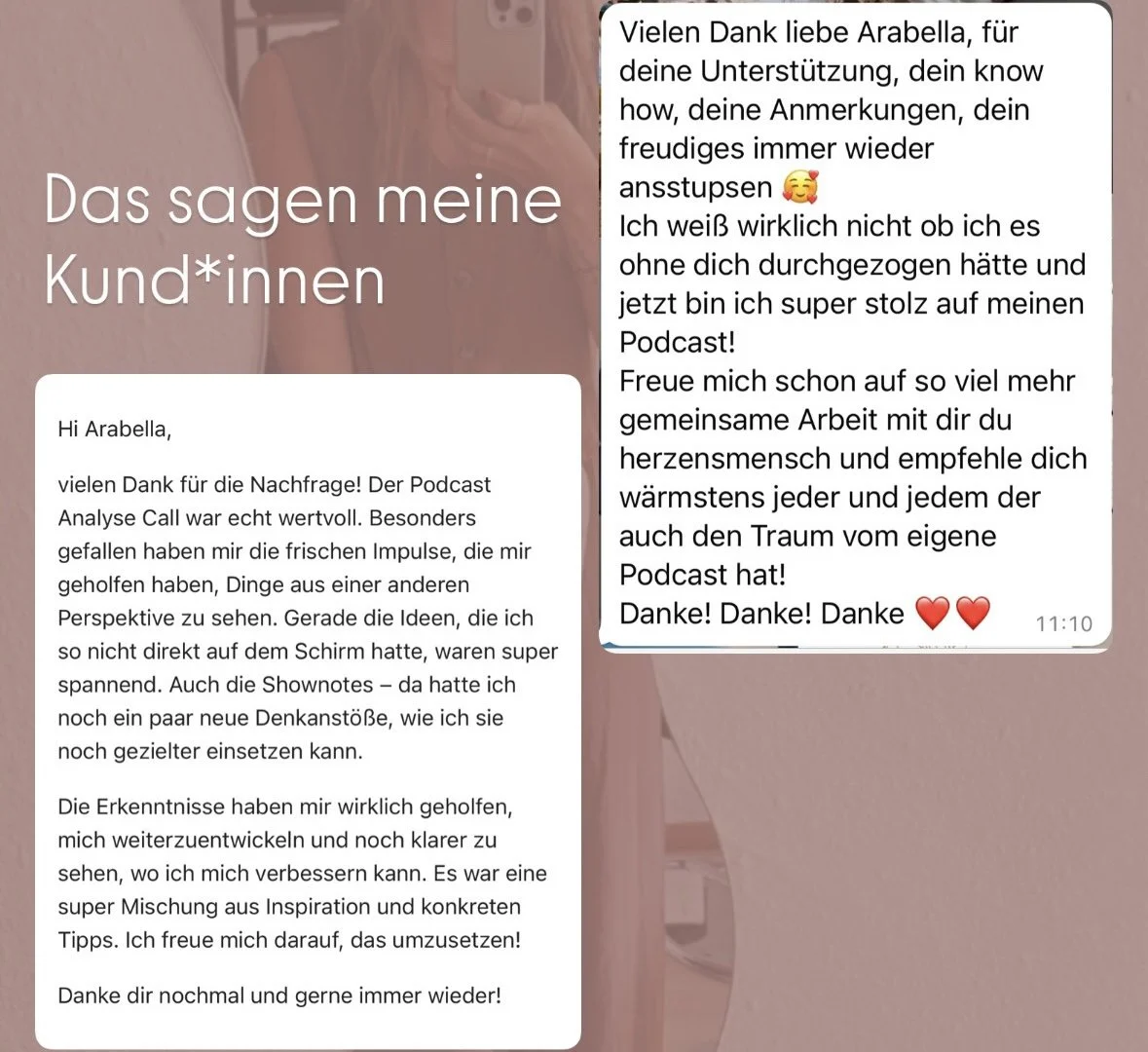 Screenshot eines Textaustauschs mit Dank an Arabella, in dem positive Rückmeldungen zu einem Podcast und der Unterstützung zum Thema Analyse Calls gegeben werden. Der Text ist in Deutsch geschrieben, mit Emojis und Betonung auf Dankbarkeit und Freude.
