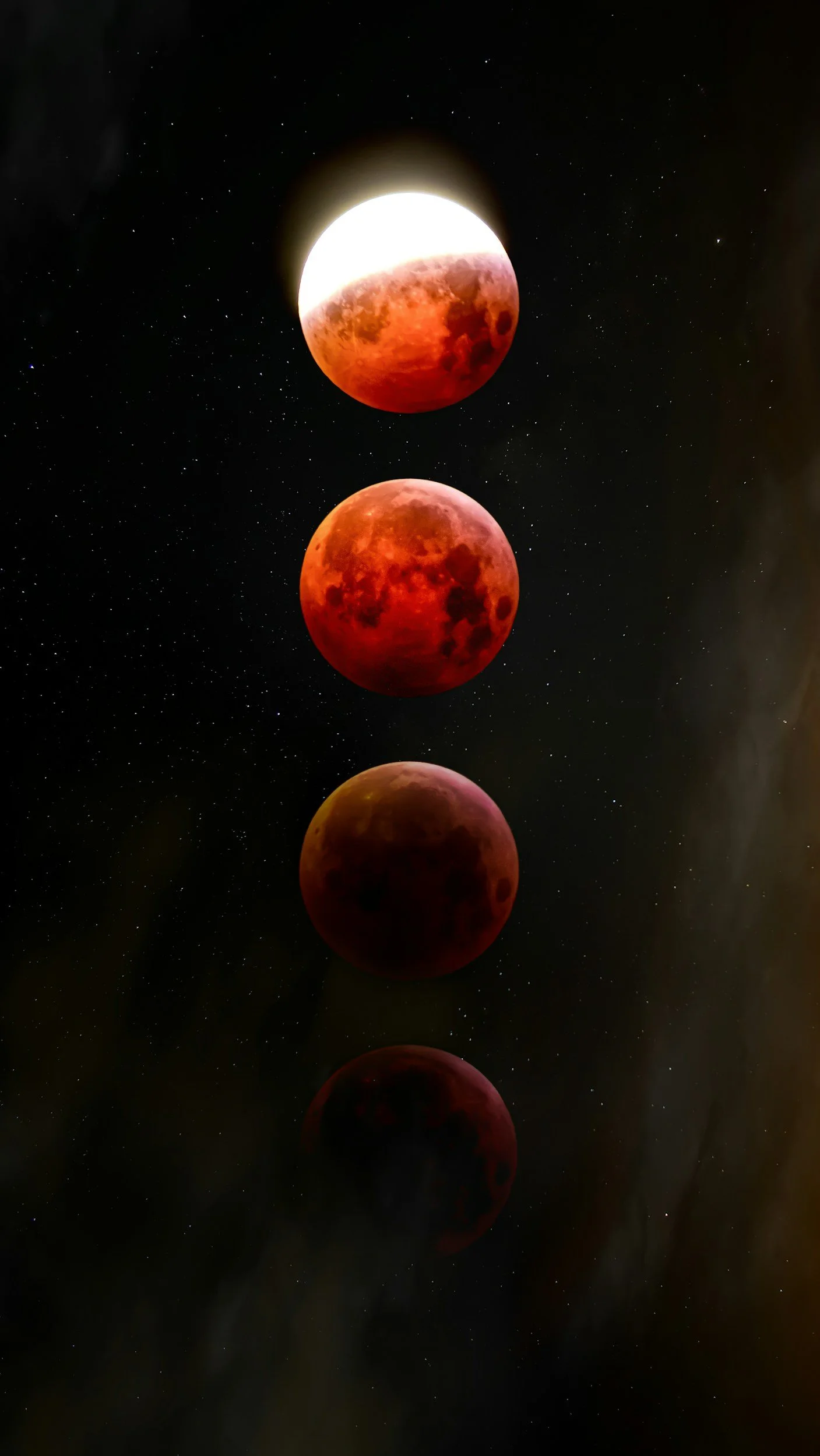Sequence of images showing the lunar eclipse stages, from full moon to total eclipse, with the moon turning reddish, against the starry night sky.