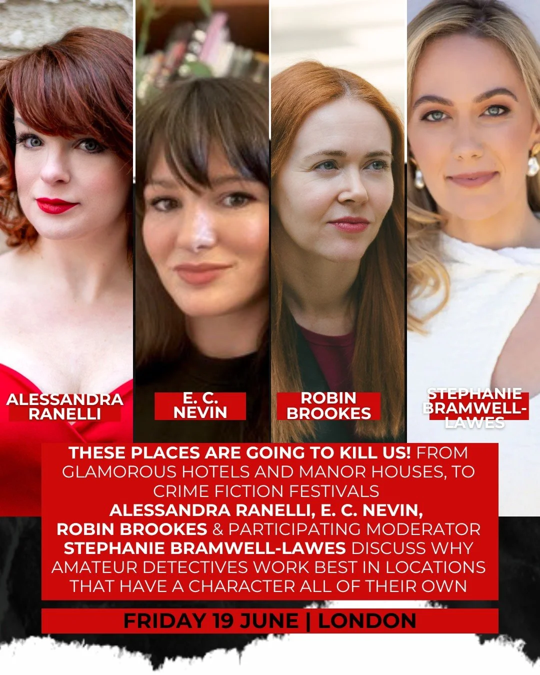 These places are going to kill us! From glamorous hotels and manor houses,  to crime fiction festivals Alessandra Ranelli, E. C. Nevin, Robin Brookes and participating moderator Stephanie Bramwell-Lawes discuss why amateur detectives work best in loc