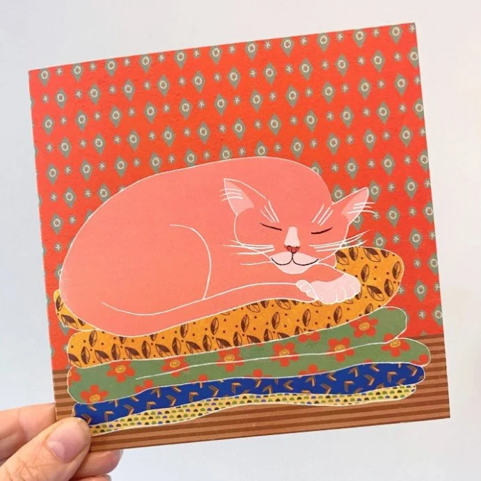 DOUBLE ANNOUNCEMENT! 

1 - For the rest of October, get 5 cards for the price of 3 when you use code 543CARDS at checkout in my shop. Code valid on all single cards!

2 - This is my brand new Cosy Pink Cat card - printed on recycled coffee cups in th