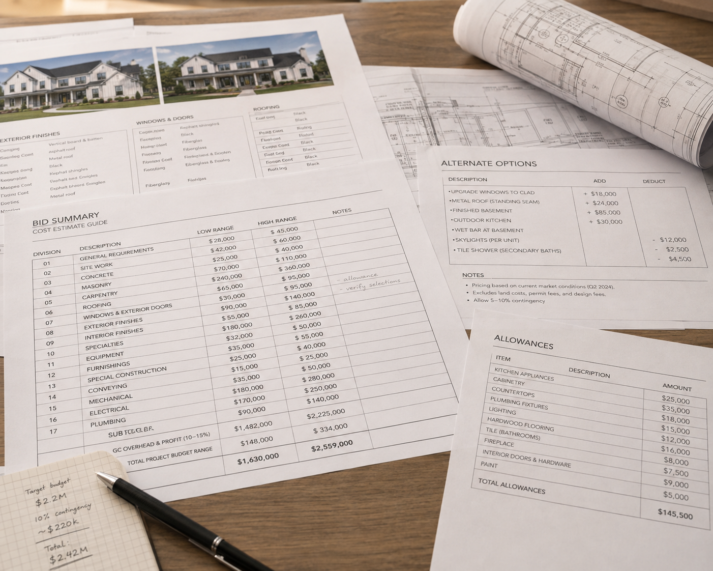 Architectural blueprints, construction cost estimates, and project planning documents on a wooden desk, with a pen and a notepad.