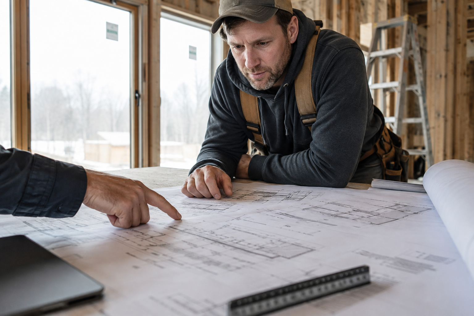 A man in a gray hoodie and cap, working on building blueprints with another person's hand pointing at the plans, inside a wooden structure with large windows and a ladder in the background.