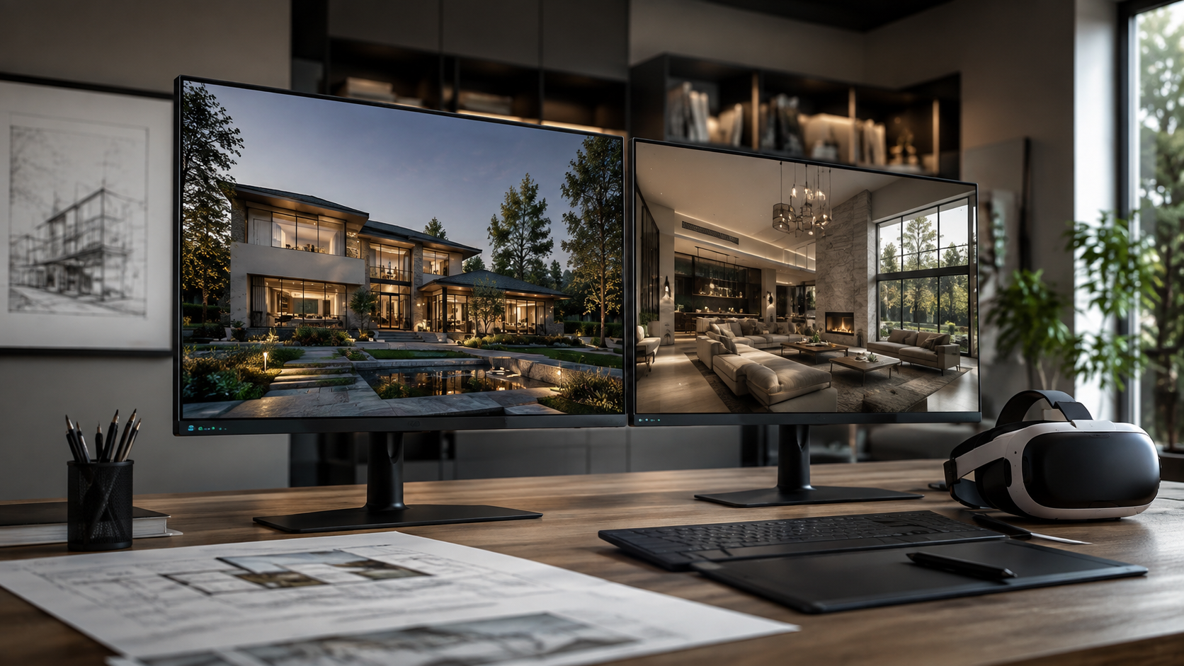 Dual computer monitors on a wooden desk displaying images of a modern house exterior and interior living room, with a keyboard, graphics tablet, virtual reality headset, and writing tools, in a contemporary office setting with bookshelves and greenery.