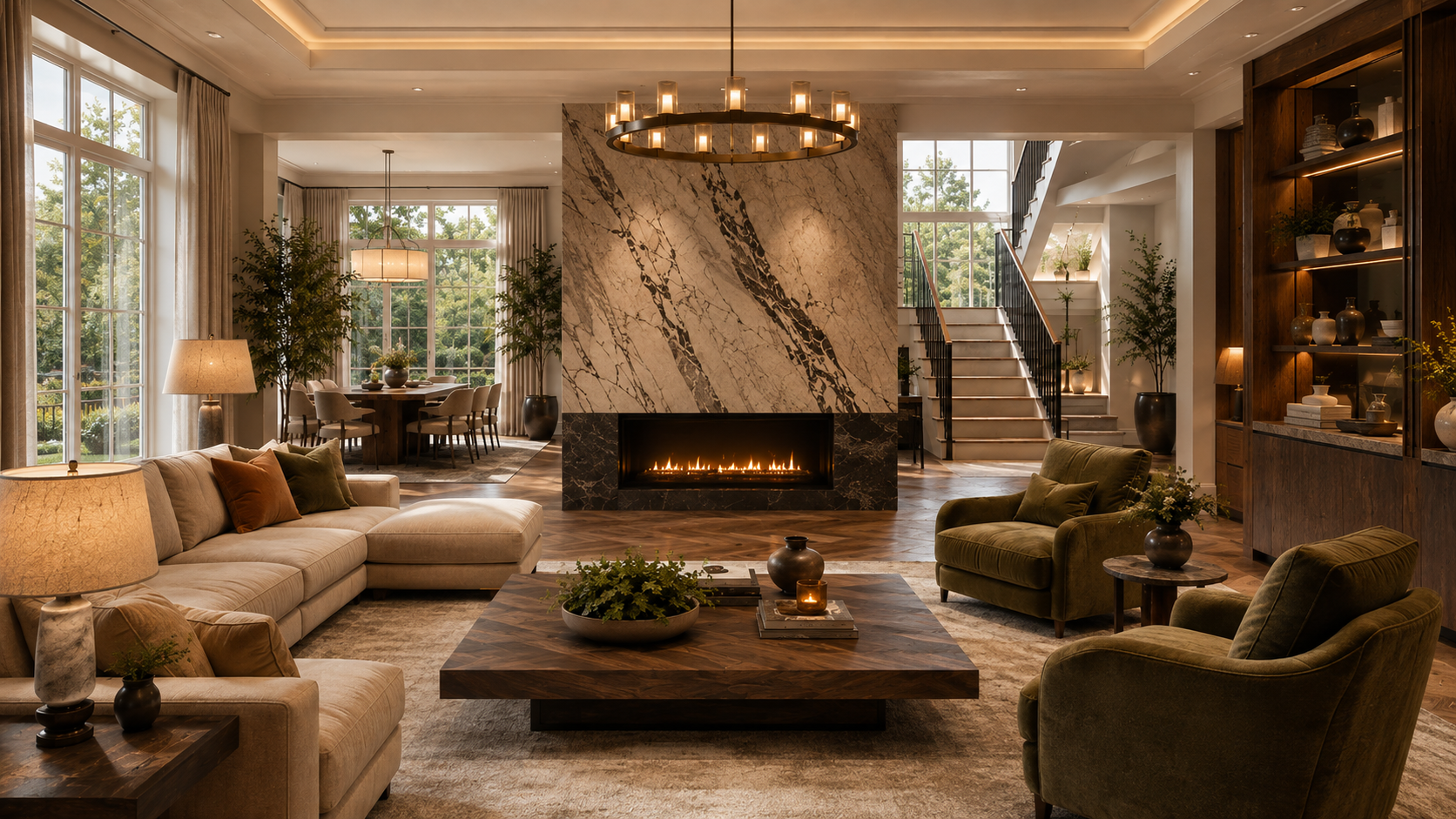 Modern living room with large windows, beige and green seating, a marble fireplace, and decorative vases and plants.