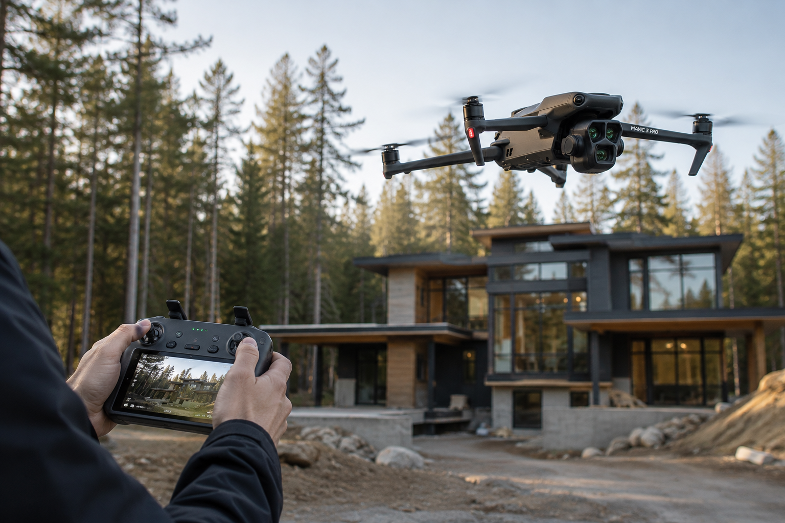 A person controlling a drone with a remote controller in front of a modern house surrounded by trees.