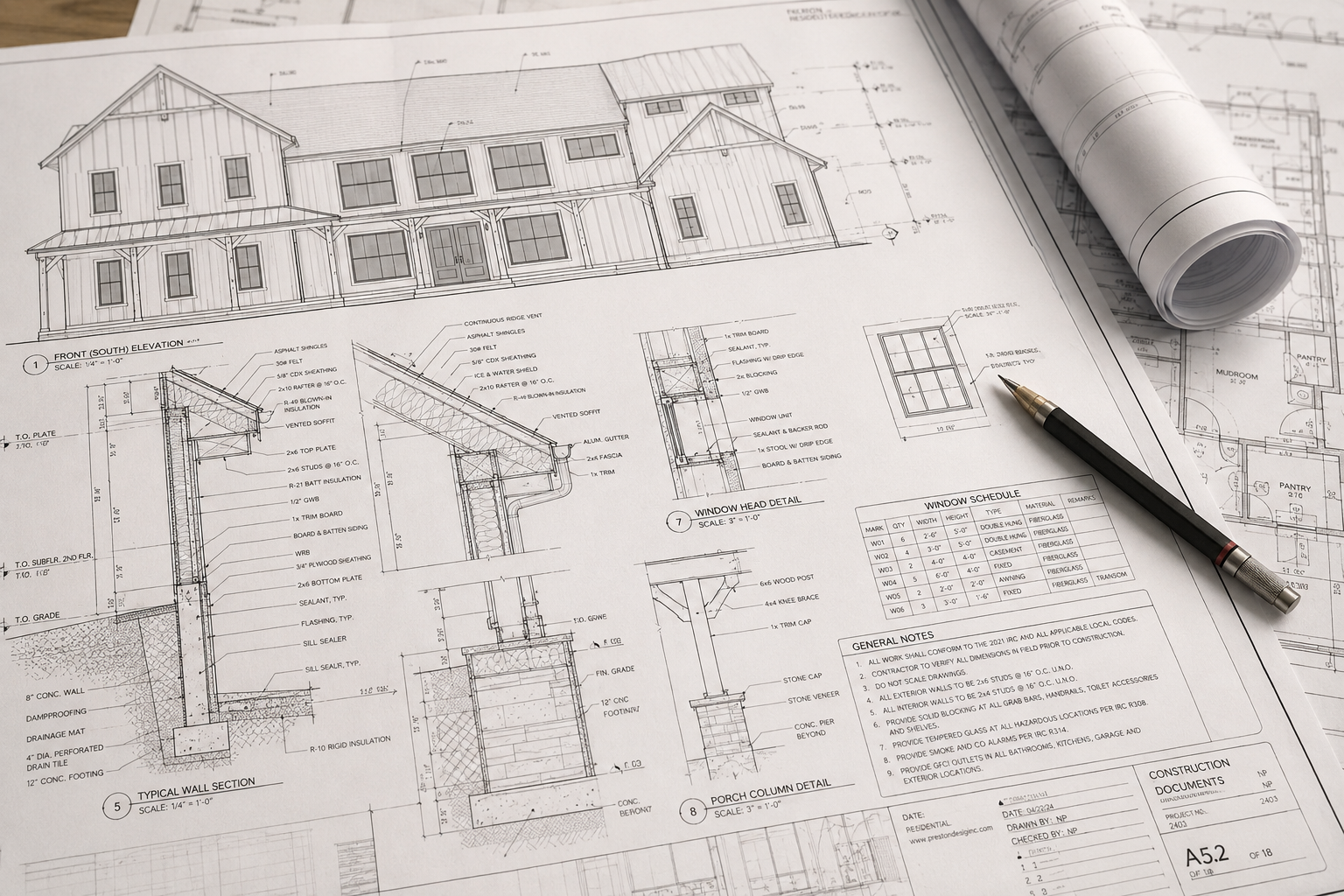 Blueprints of a house design, including elevation views, section details, window and porch details, and general notes. A pen is resting on the plans.