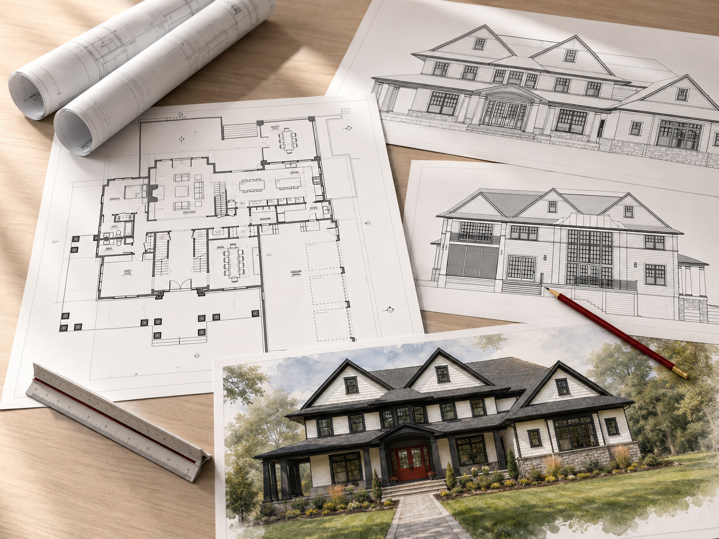 Blueprints, architectural drawings, and a photo of a house on a wooden table