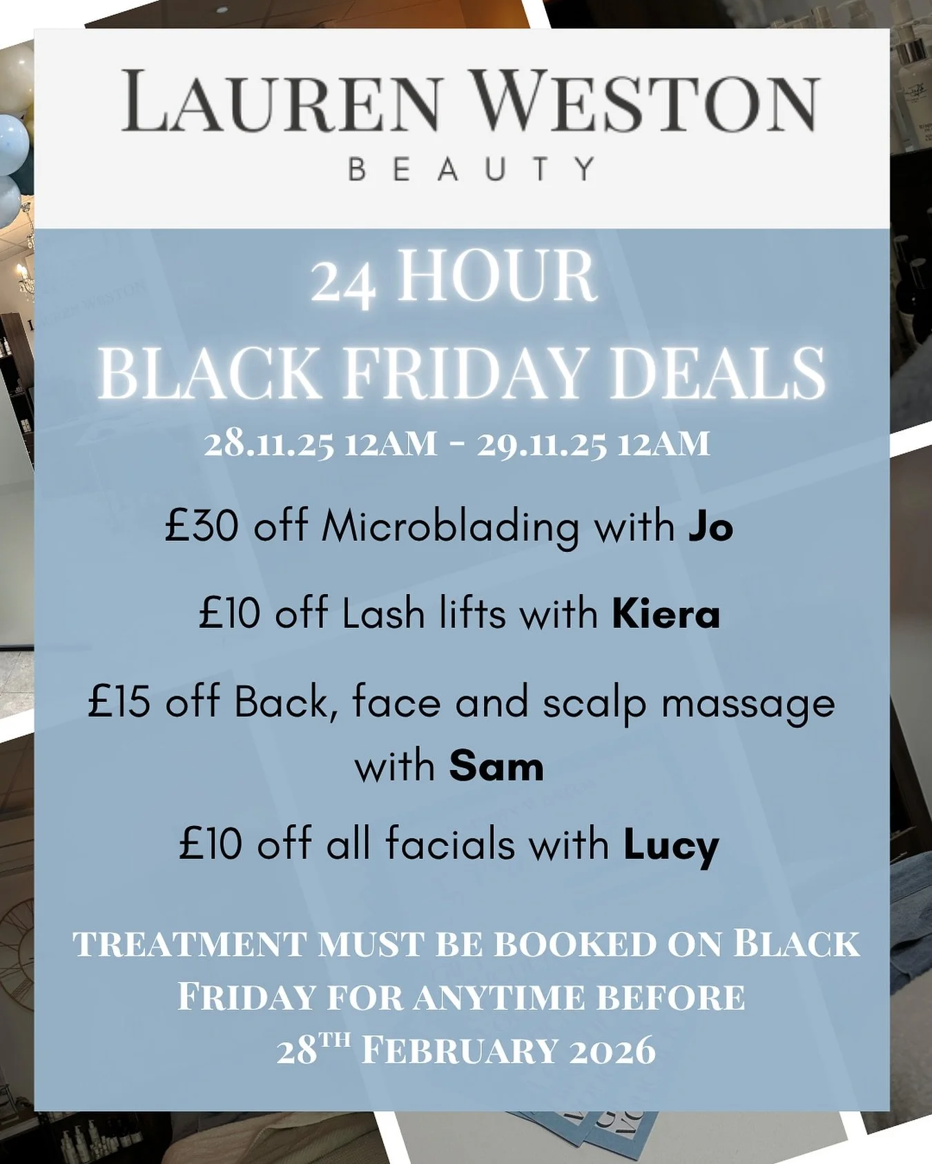 ✨ 24 HOUR BLACK FRIDAY DEALS ✨
Our biggest sale of the year is HERE &mdash; for one day only!

From 28.11.25 at 12AM to 29.11.25 at 12AM, enjoy exclusive savings with your favourite therapists 🤍

💫 &pound;30 off Microblading with Jo
💫 &pound;10 of