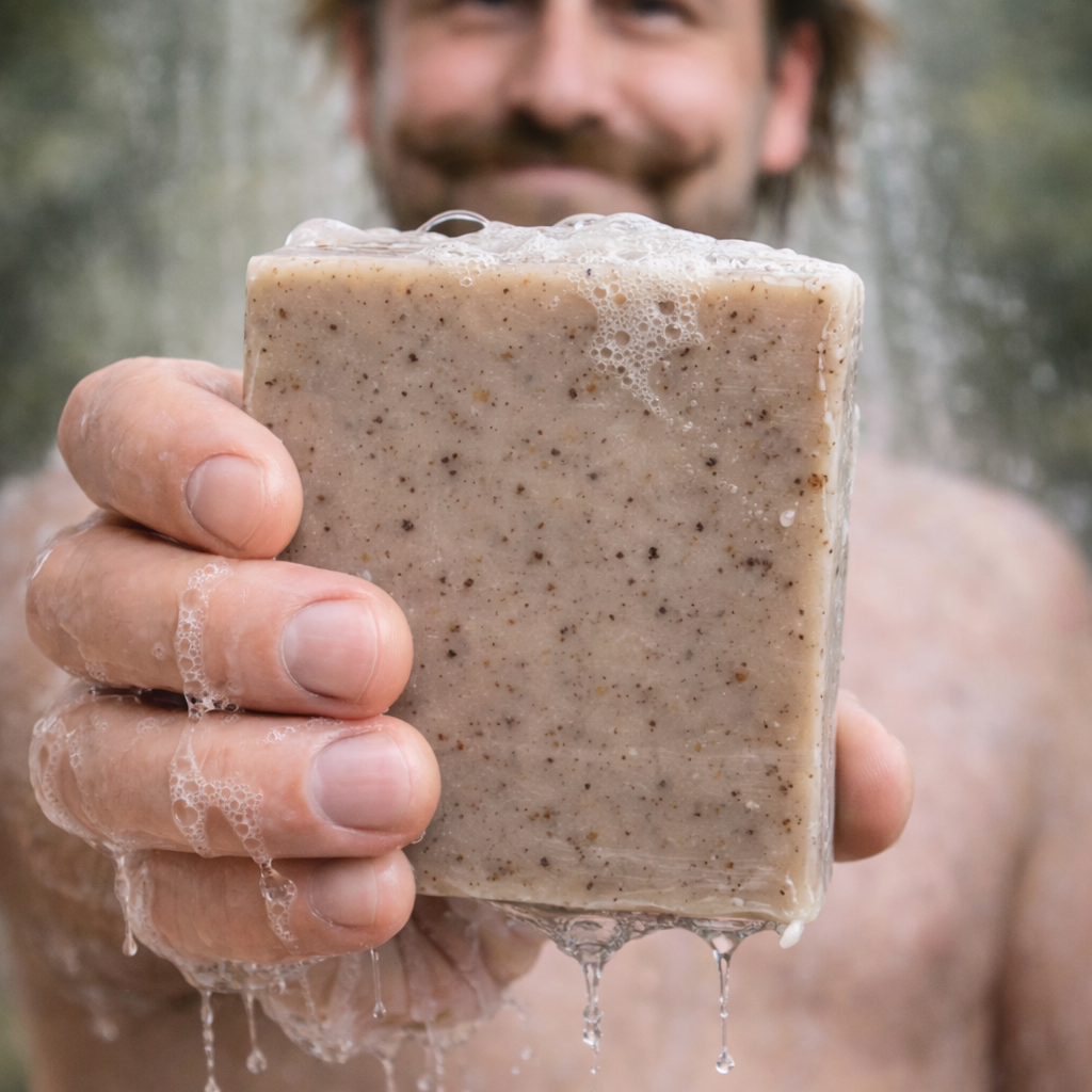 Man holding Timber Trail natural soap bar