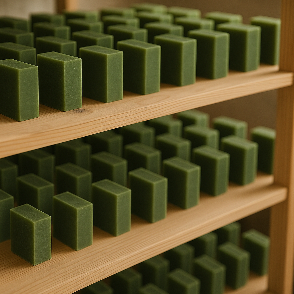 Multiple green soap bars arranged on wooden shelves.
