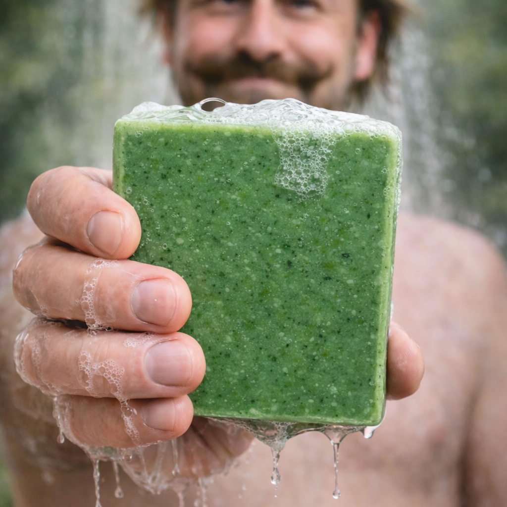 Moorland Mist natural cornish soap in hand