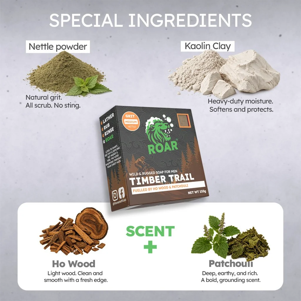 Image showing special ingredients. Kaolin clay, nettle powder, ho wood and patchouli.