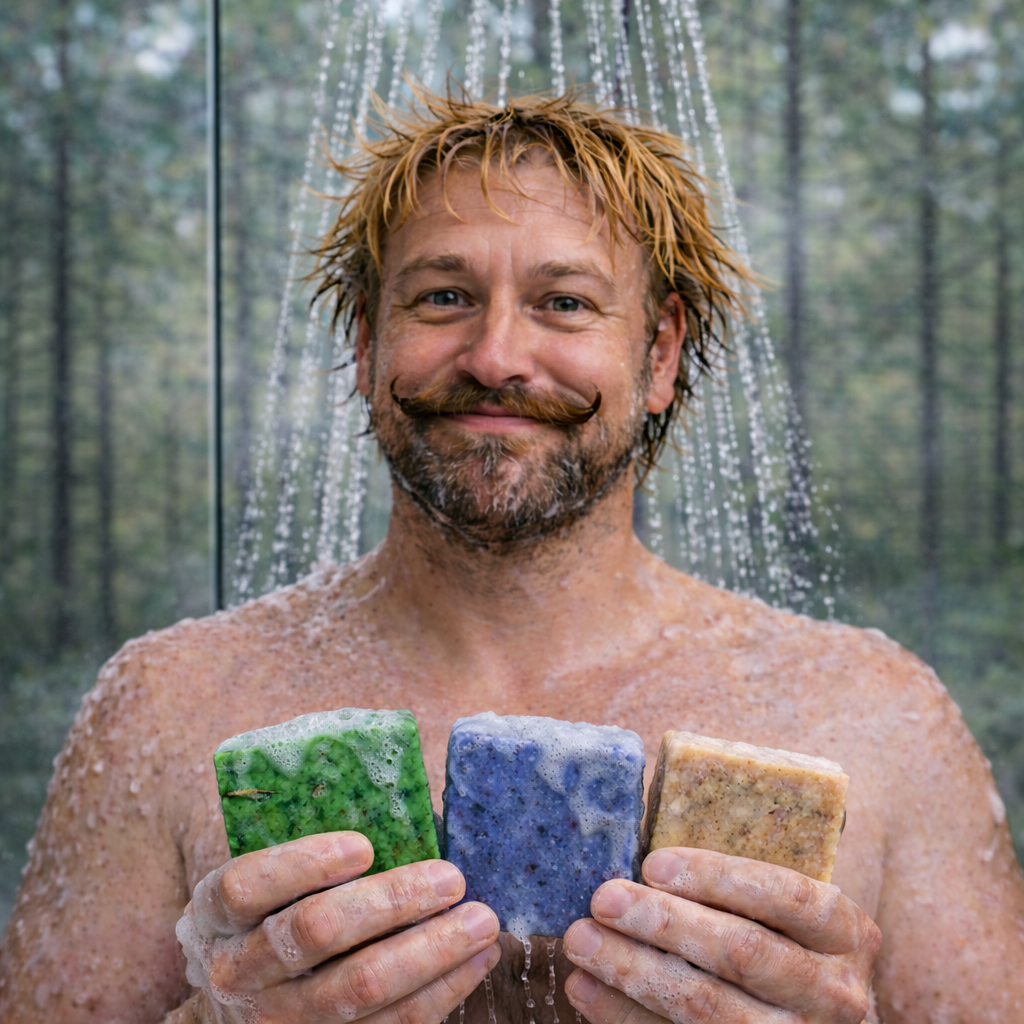 A man with wet hair and a mustache standing in a shower holding three bars of soap, with soap and water on his skin, and a forest visible through the shower glass behind him.