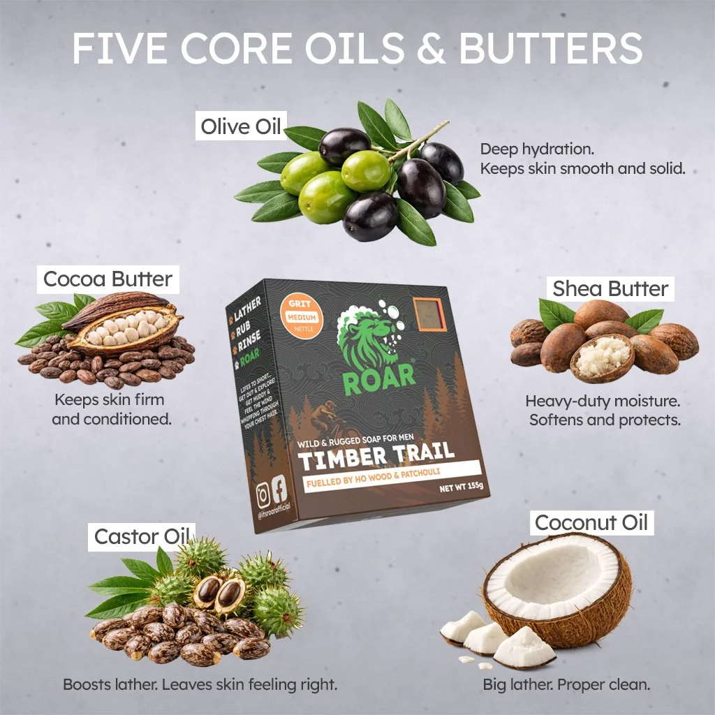 Image of roars five core oils and butters. Olive oil, shea butter, cocoa butter, castor oil, cocnnut oil.