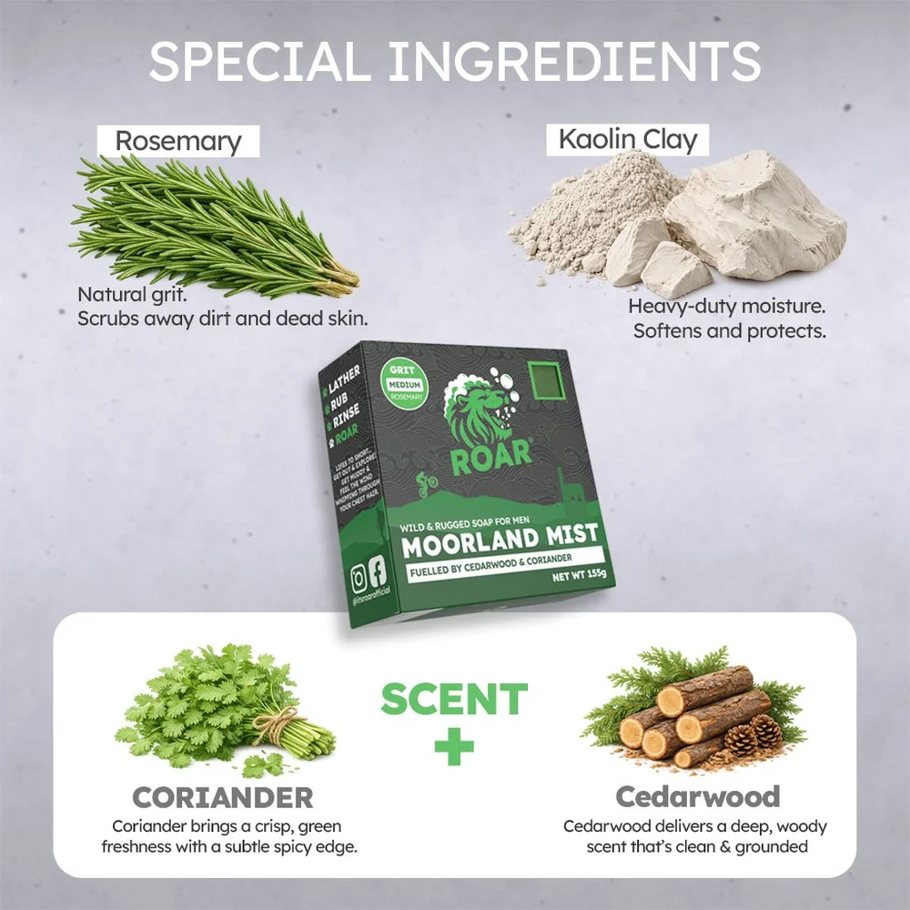 Ingrediants of moorland mist natural soap bar, Kaolin clay, rosemary for exfoliant and coriander and cedarwood for scent.