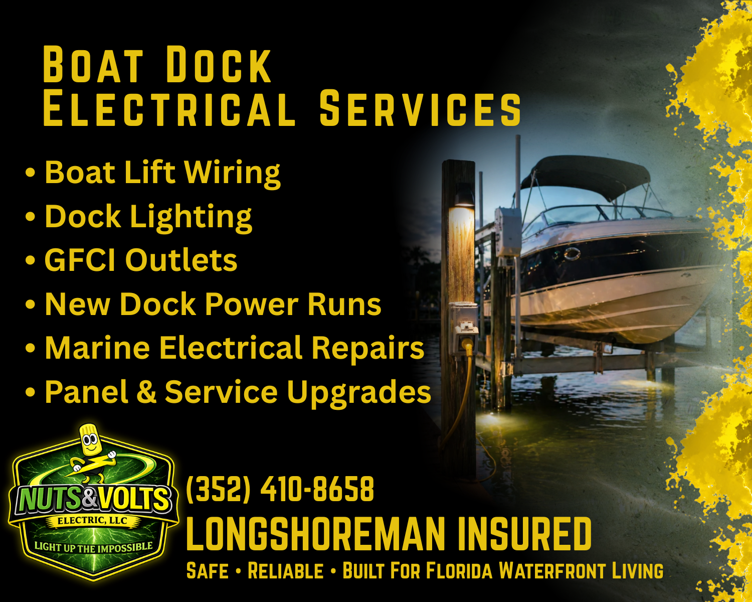 Advertisement for boat dock electrical services featuring a boat dock with an electrical outlet and boat. Service list includes boat lift wiring, dock lighting, GFCI outlets, new dock power runs, marine electrical repairs, and panel upgrades. Contact information and a logo with a cartoon electrical plug are also displayed.