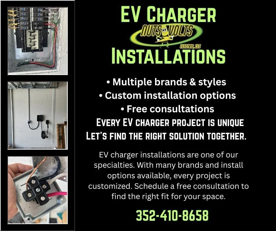 Business advertisement for EV charger installation services, with images of electrical components and a charging setup.