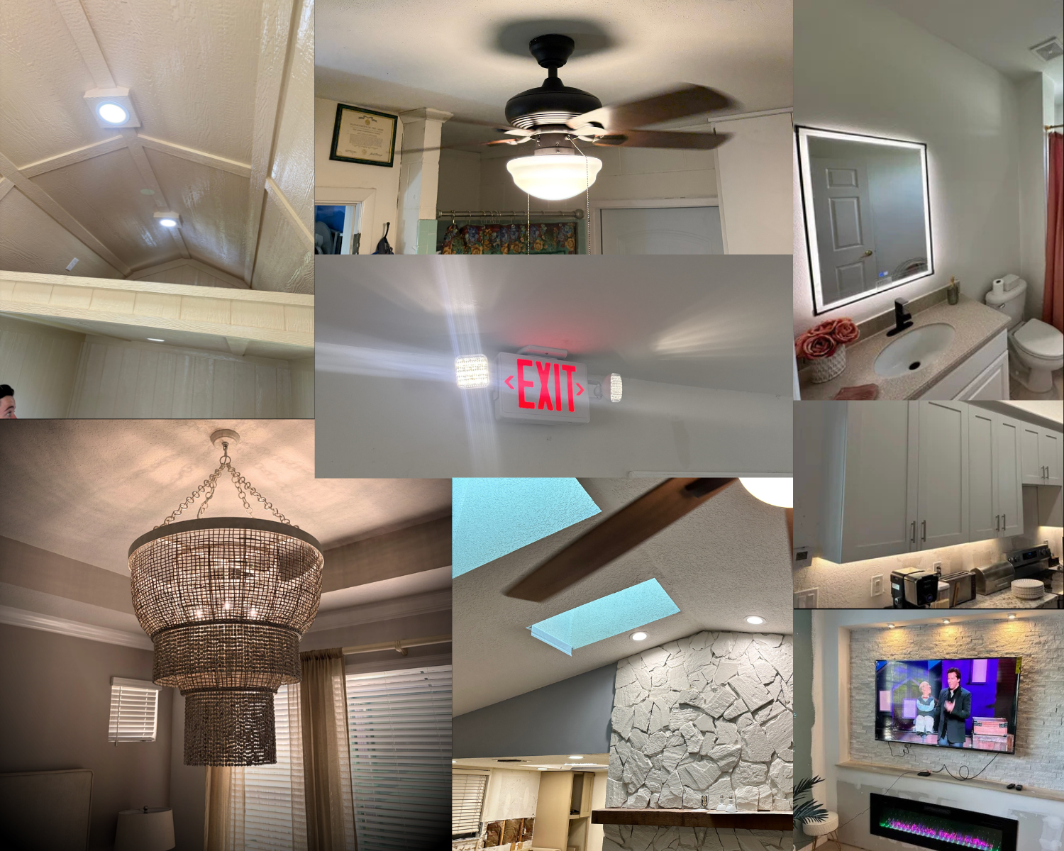 Collage of various interior house elements including ceiling lights, a ceiling fan, a bathroom sink with a mirror, a chandelier, an exit sign, a TV on a wall, skylights, and textured walls.