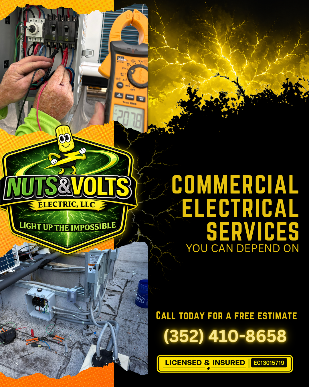 A flyer for Nuts & Volts Electric, LLC advertising commercial electrical services. The flyer features a close-up photo of a person working with electrical wiring, a professional multimeter, and a photo of outdoor electrical equipment. The flyer includes bold text with contact information, a logo with a cartoon nut character, and a lightning bolt design.