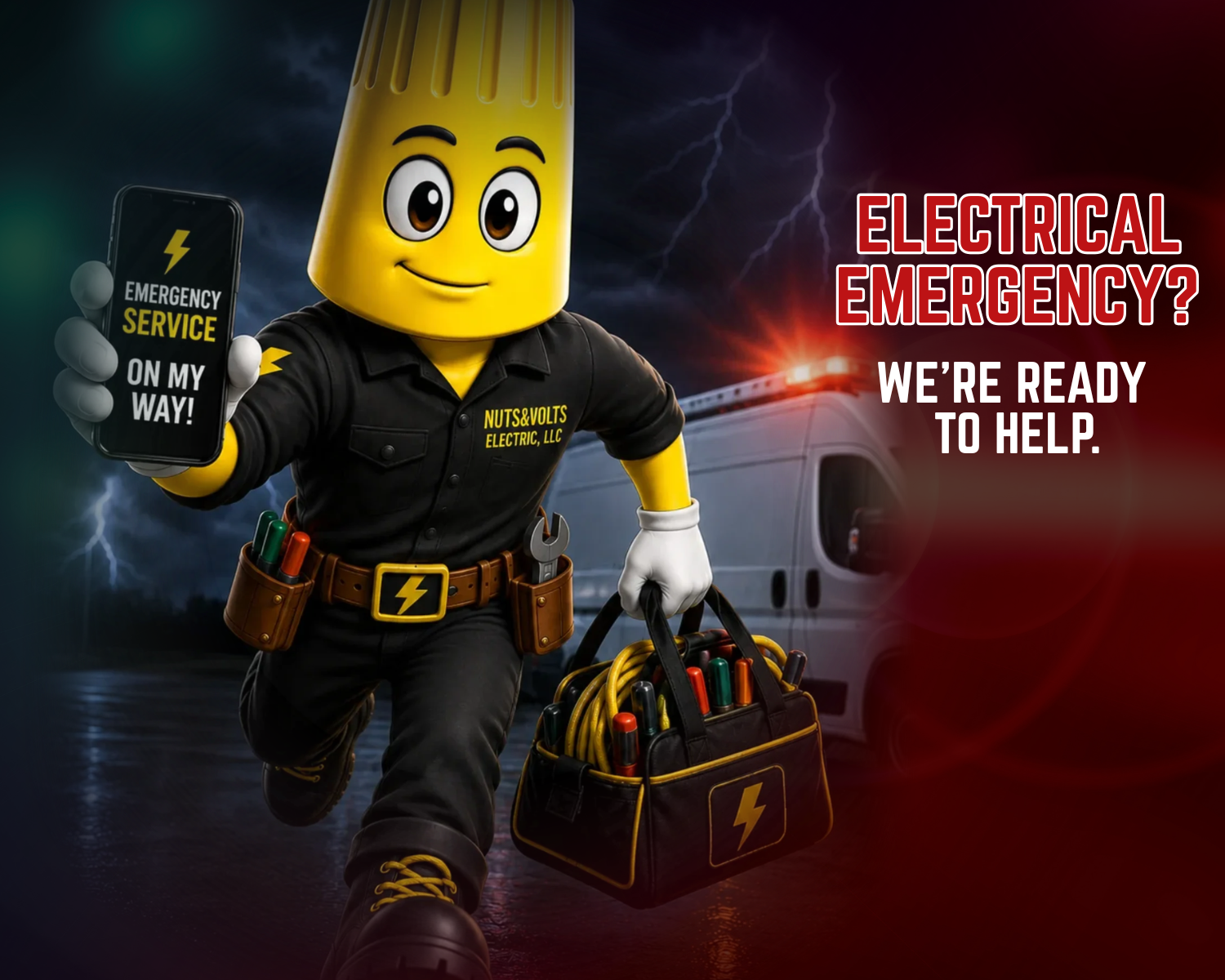 A cartoon electrician character with a yellow head, smiling, wearing a black uniform with 'NUTS & VOLTS ELECTRIC, LLC' on it. He holds a phone showing emergency service notification and carries a toolbox filled with tools. The background depicts a stormy sky with lightning and an emergency vehicle with flashing lights. The image includes text: 'ELECTRICAL EMERGENCY? WE'RE READY TO HELP.'