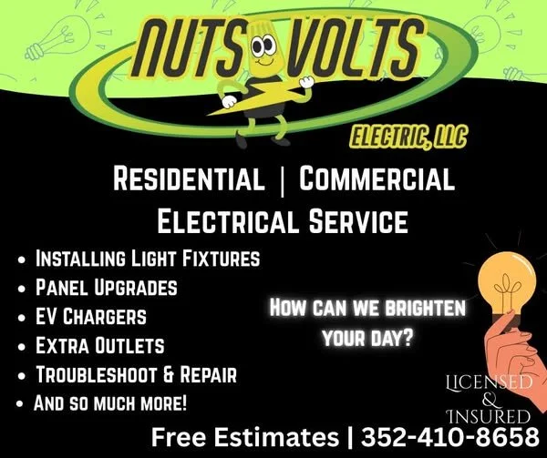 Advertising sign for Nuts Volt Electrical LLC promoting residential and commercial electrical services, including light fixture installation, panel upgrades, EV chargers, outlets, troubleshooting, repairs, and free estimates, with a cartoon light bulb character and contact number.
