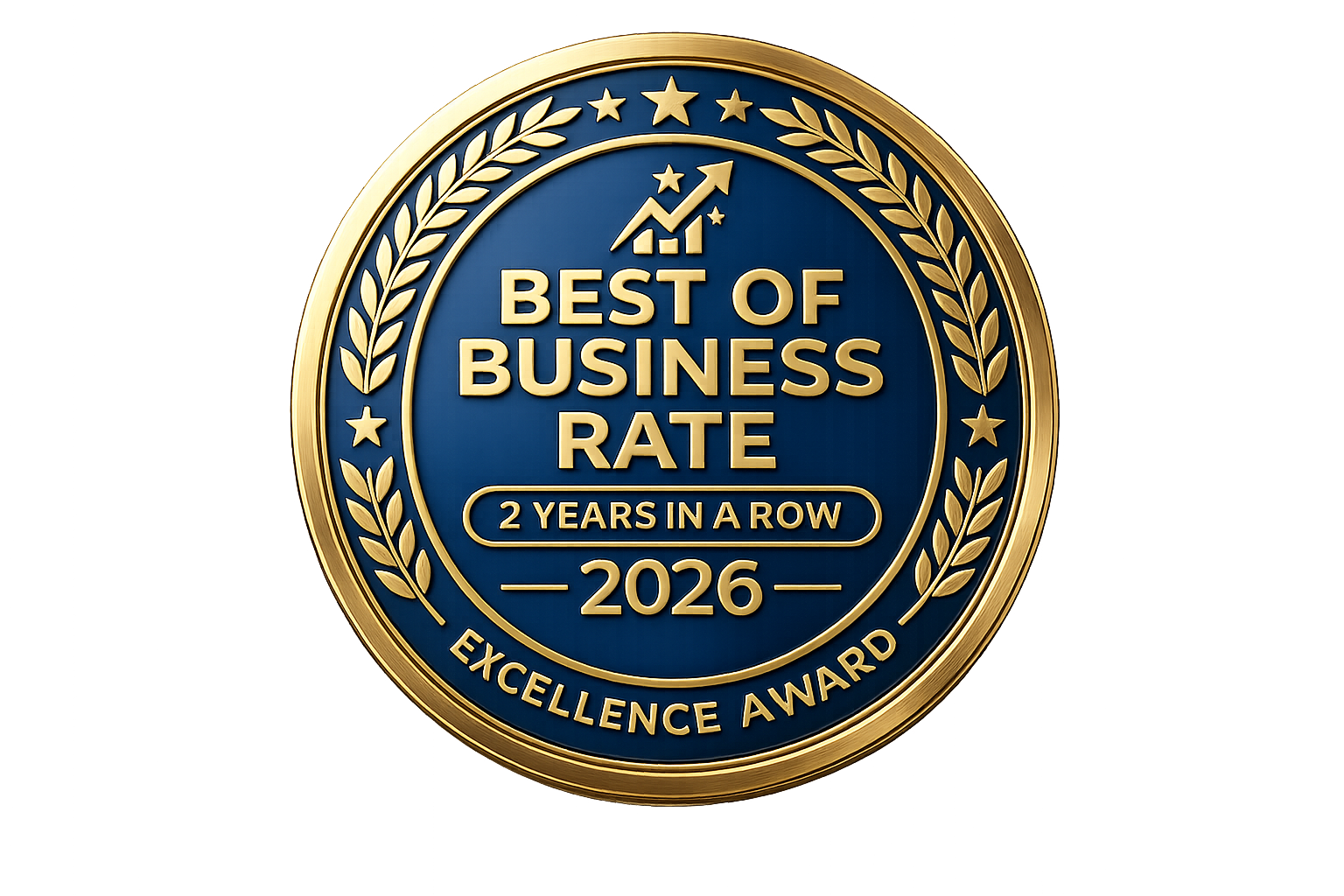 Gold and blue circular award badge with laurel leaves, stars, and upward arrow symbol, reading 'Best of Business Rate', '2 Years in a Row', '2026', and 'Excellence Award'.