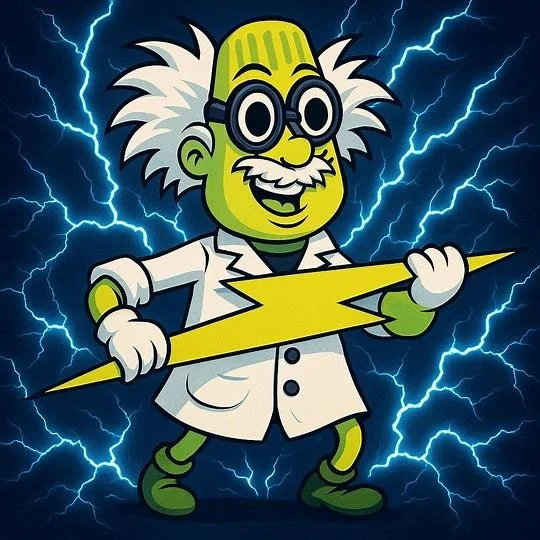 Cartoon scientist with green skin, wild white hair, glasses, and a lab coat holding a yellow lightning bolt, with lightning in the background.