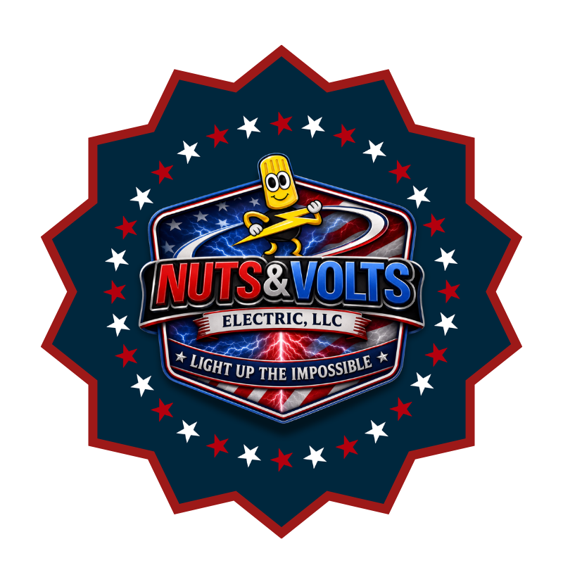 Patriotic Nuts & Volts Electric logo featuring Volt and Independence Day themed stars.