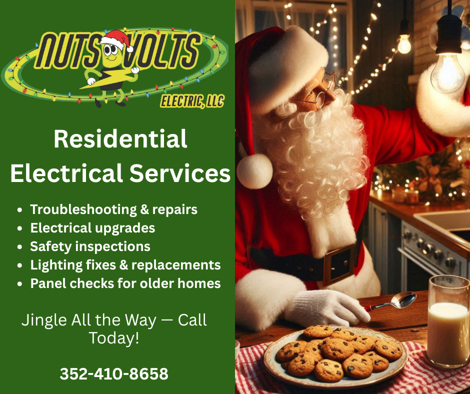 Advertisement for Nuts 'N Volt Electric, LLC featuring Santa Claus holding a lightbulb in a warmly decorated Christmas setting, with cookies and milk on the table.