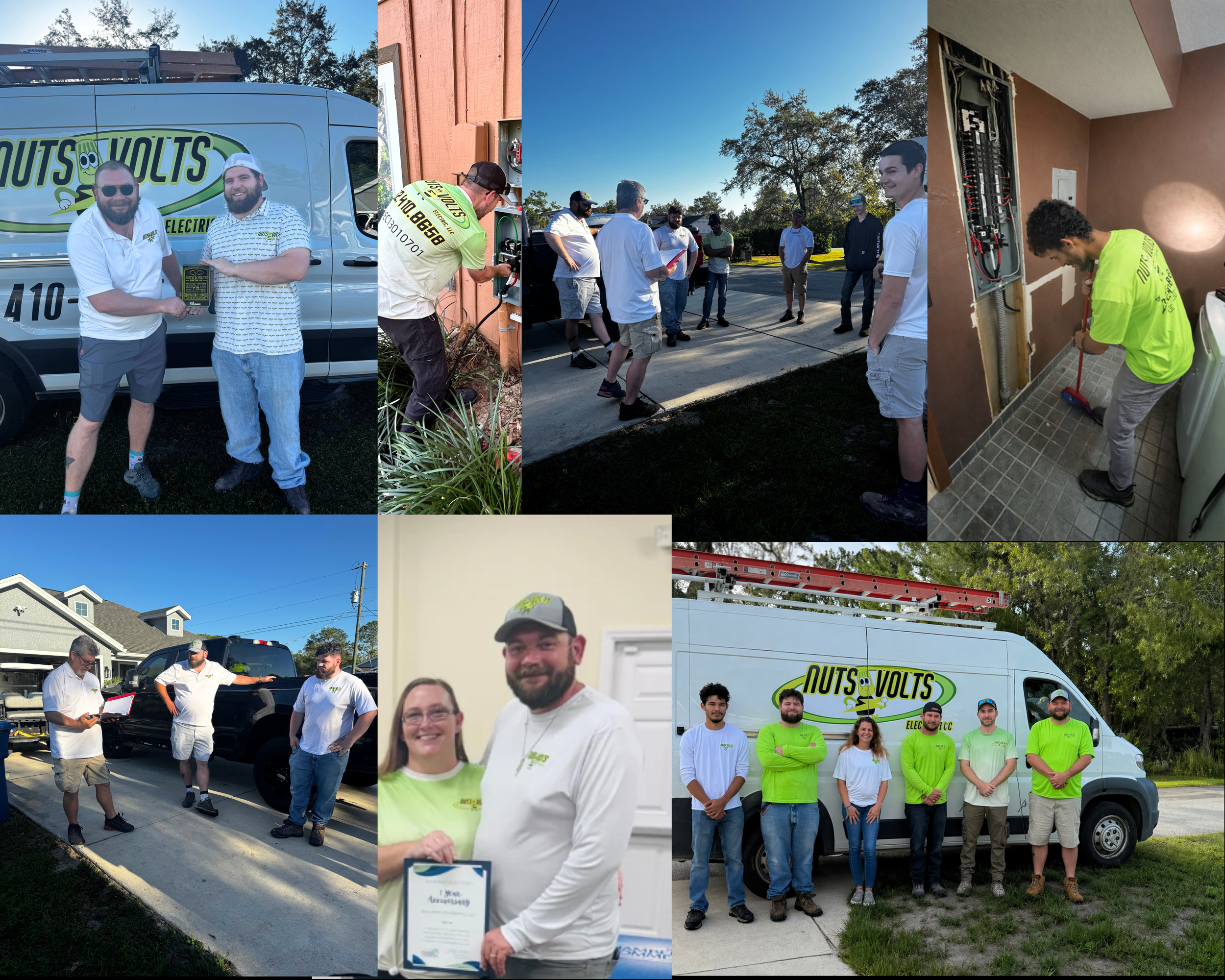 Group of workers and supervisors gathered outside near trucks and electrical equipment for an outdoor training or team meeting, with people posing for photos and engaging in discussions.