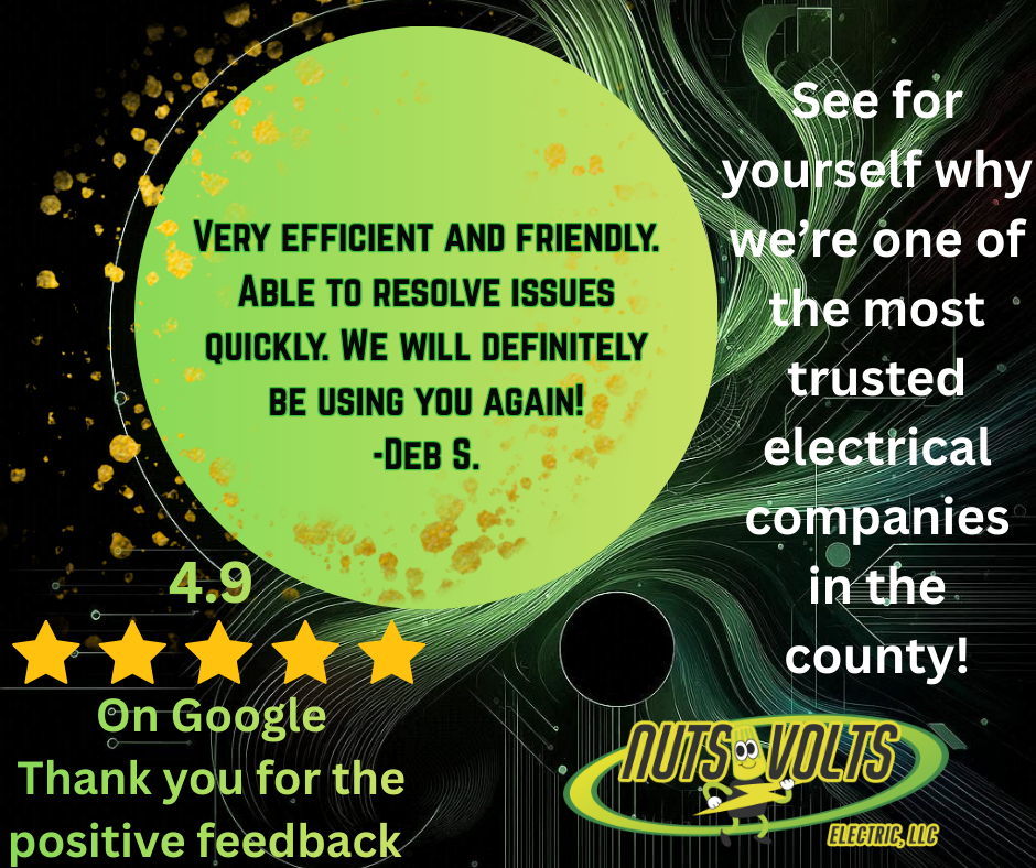 Customer testimonial and rating for NUTS Volt Electric, LLC, an electrical company, featuring a five-star rating, positive comments, and a logo with a cartoon character and green accents.