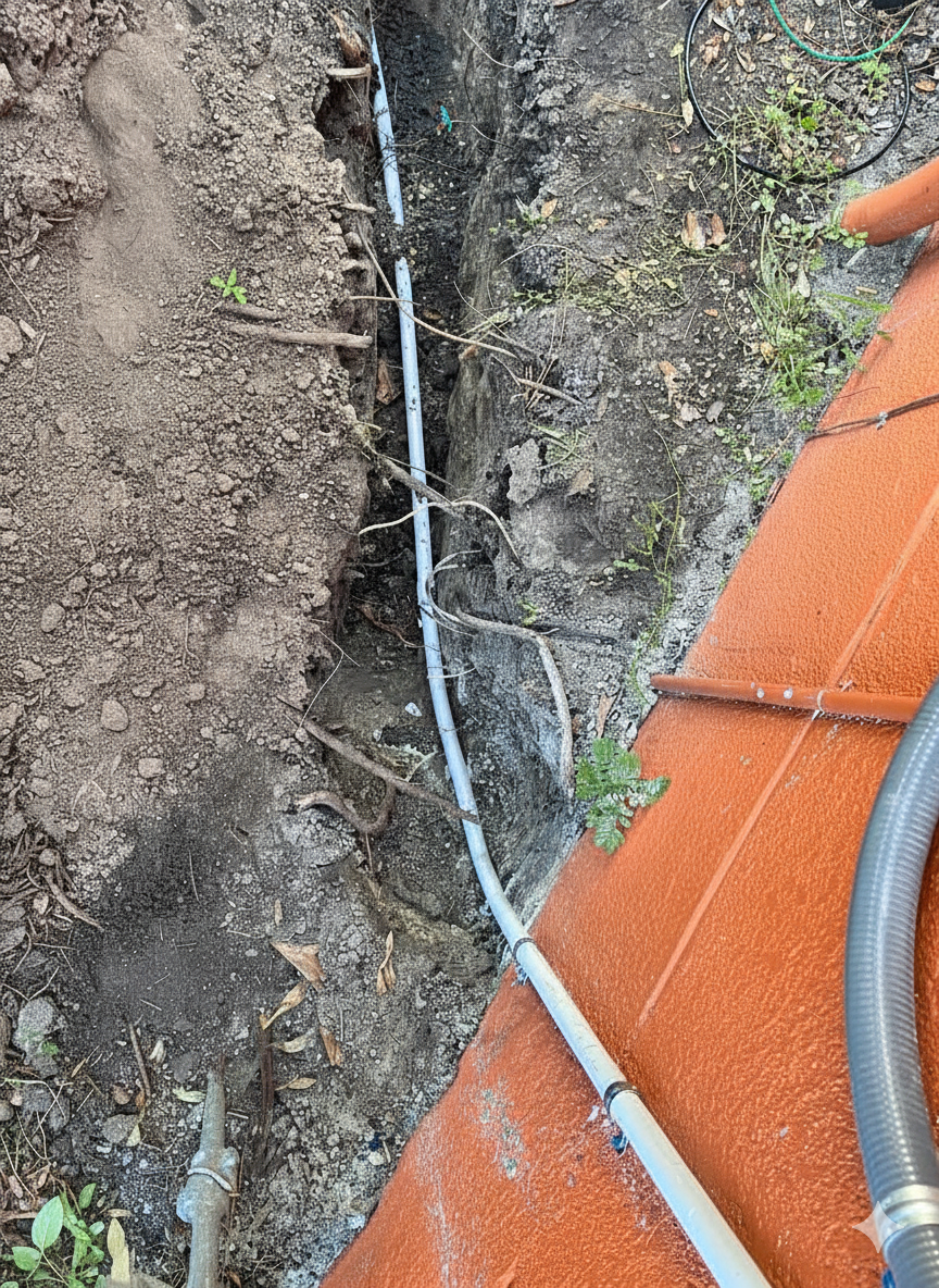 A narrow trench dug into the ground with exposed soil and roots. A white flexible pipe runs through the trench, with some loose soil and small plants nearby. On the right, there's an orange object with a textured surface, possibly part of a construction barrier or equipment, with a gray hose or pipe partially visible.