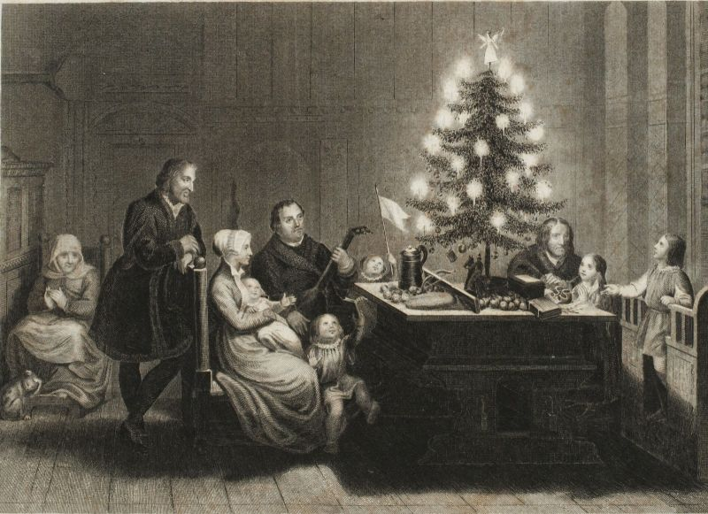 A vintage black-and-white illustration of a family gathered around a decorated Christmas tree, with some children and adults in a room, celebrating Christmas.