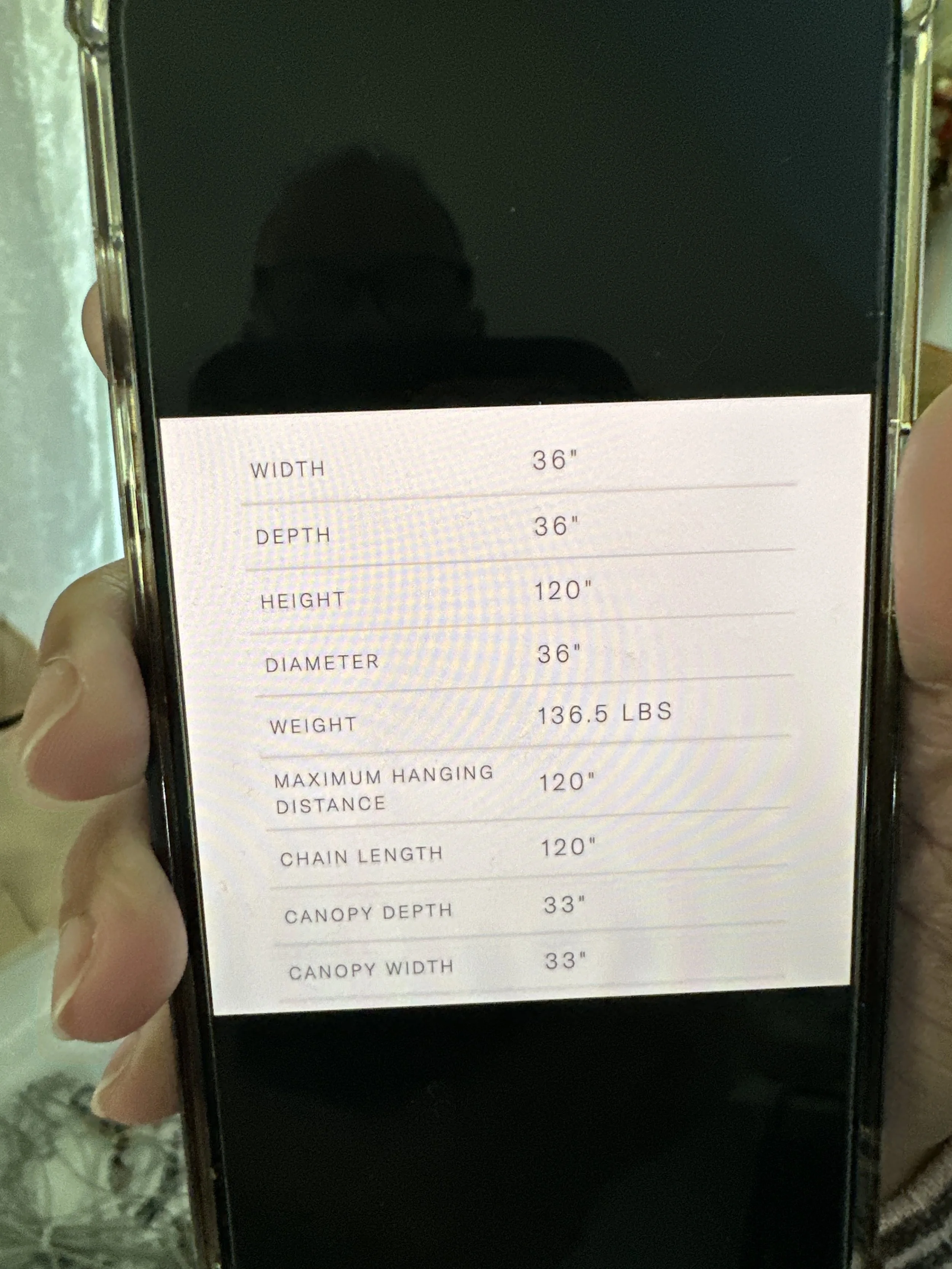 Screen displaying dimensions and weight of an object, including width 36 inches, depth 36 inches, height 120 inches, diameter 36 inches, weight 136.5 pounds, maximum hanging distance 120 inches, chain length 120 inches, canopy depth 33 inches, and canopy width 33 inches.