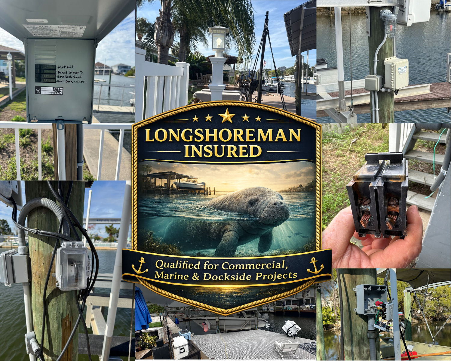 A collage of images at a marina, including electrical panels, wiring, a sign reading "Longshoreman Insured" with a manatee, dock, boats, and outdoor furniture, indicating marina dockside work and maintenance activities.