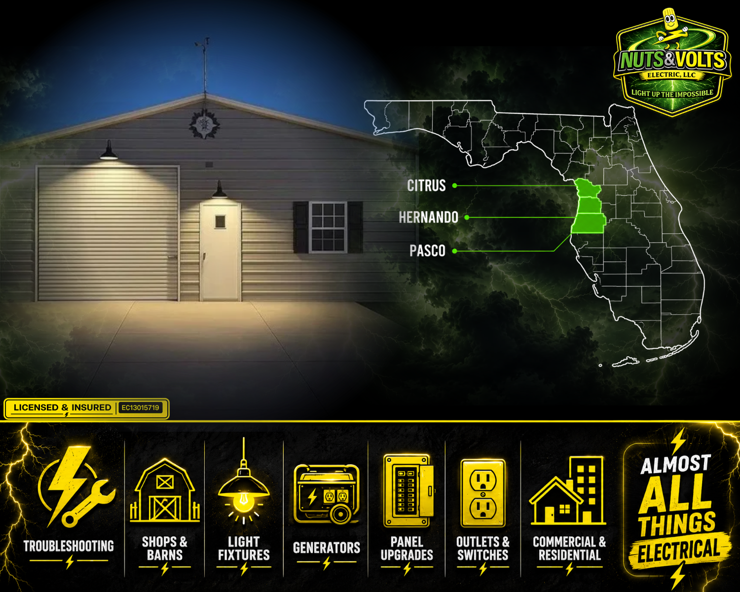 A garage illuminated outside, with a map of Florida highlighting Citrus, Hernando, and Pasco counties, and various electrical icons and categories at the bottom, indicating electrical services and troubleshooting.