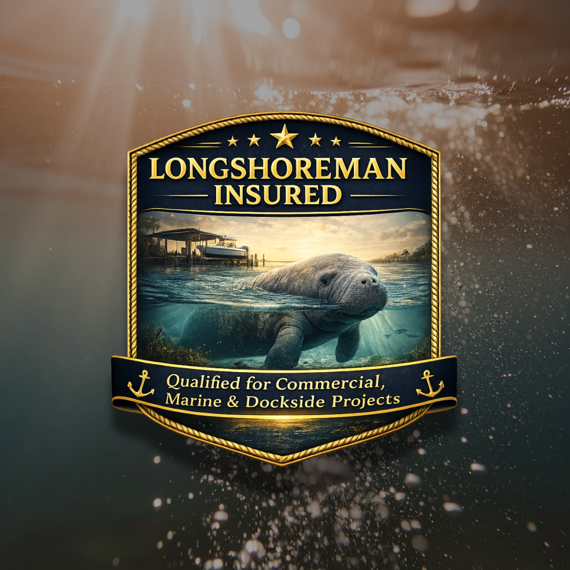 Close-up of a badge or plaque with the words 'Longshoreman Insured' and a picture of a dock with boats at sunset, with a seal or wave design and gold trim.