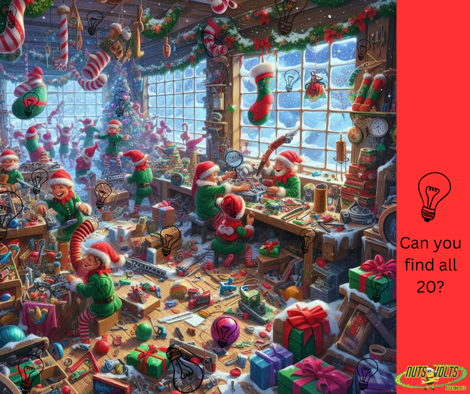 A cluttered workshop filled with numerous elves in Christmas hats working and playing. The room is decorated with holiday garlands, stockings, and ornaments. The workshop windows show a snowy outdoor scene. The floor and surfaces are scattered with t