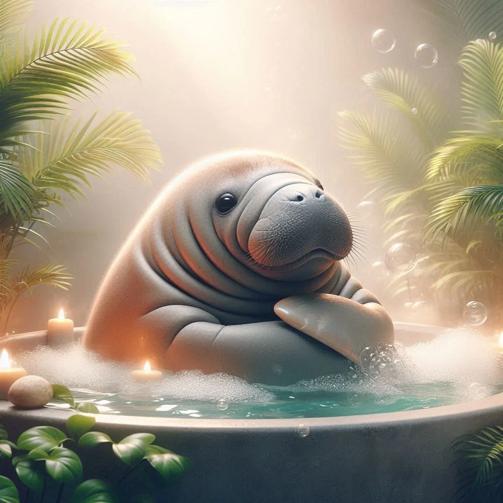 A cute illustration of a baby manatee relaxing in a spa surrounded by candles, plants, and bubbles.