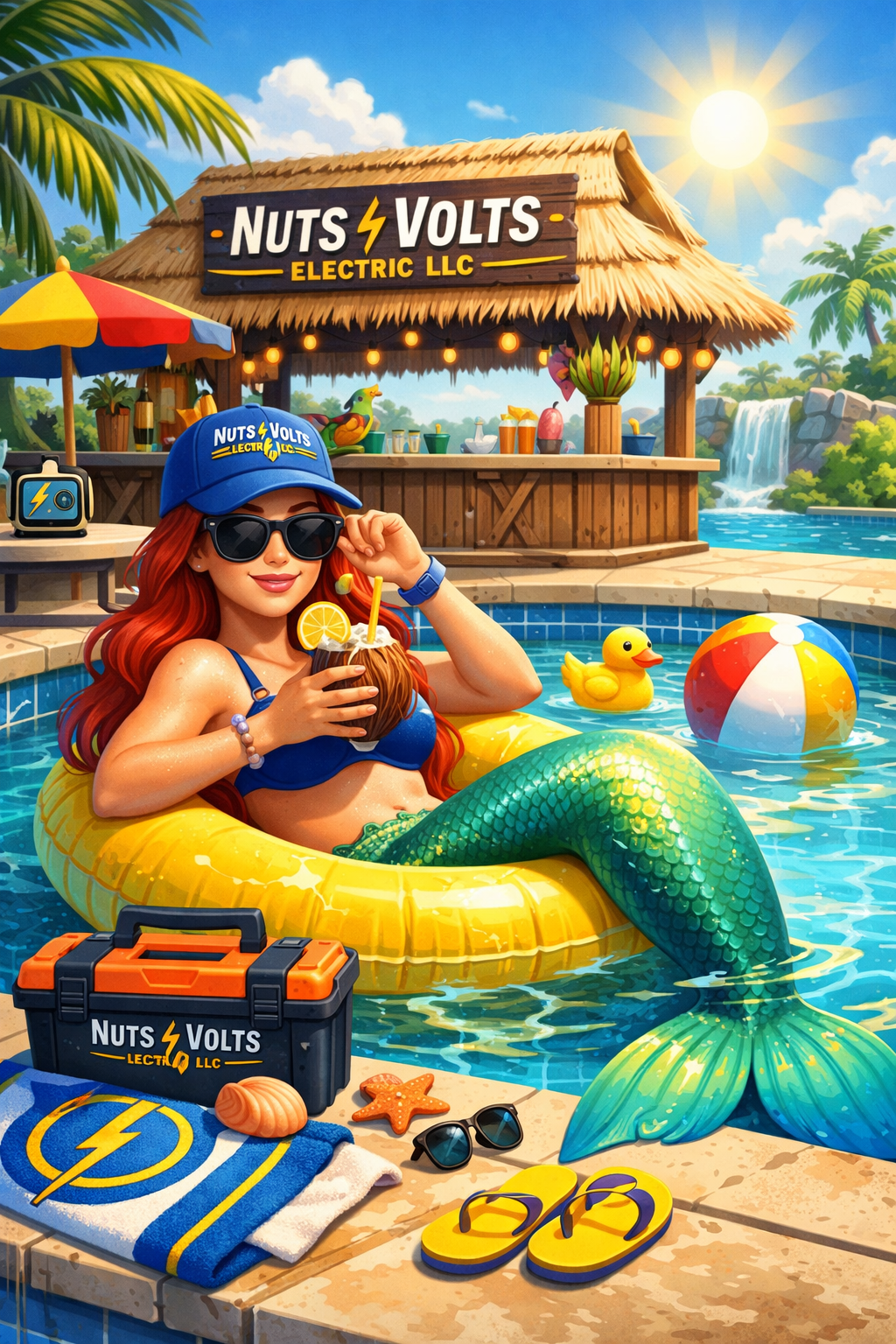 A woman with red hair, wearing sunglasses, a blue cap, and a blue bikini top, relaxing in a yellow flotation ring in a pool. She is holding a coconut drink with a straw and lemon slice. There are tropical drinks and a beach ball in the pool. In the background, there is a thatched-roof bar with a sign that says 'Nuts Volt Electric LLC,' palm trees, a waterfall, and a bright sun. The poolside area has sunglasses, a towel, seashell, starfish, and a toolbox labeled 'Nuts Volt Electric LLC.'