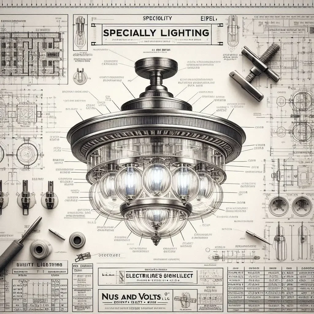 Detailed blueprint-style illustration of a decorative light fixture surrounded by technical drawings, tools, and electrical design plans, representing specialty lighting services by Nuts and Volts Electric LLC.